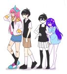  1boy 1girl aqua_bow aqua_eyes aubrey_(faraway)_(omori) aubrey_(headspace)_(omori) aubrey_(omori) bandaid bandaid_on_leg barefoot biyo black_eyes black_hair black_shirt black_socks black_vest blue_footwear blue_hairband blue_shirt blue_shorts bow brown_shorts closed_mouth collarbone collared_shirt expressionless hair_bow hairband hand_in_own_hair hand_in_pocket holding holding_another&#039;s_arm holding_knife jacket jitome knife light_blush long_hair looking_at_another off-shoulder_shirt off_shoulder omori omori_(omori) open_mouth orange_sailor_collar orange_trim pink_bow pink_hair purple_eyes purple_hair sailor_collar shirt shorts simple_background small_sweatdrop smile socks striped_clothes striped_shorts sunny_(omori) vertical-striped_clothes vertical-striped_shorts vest white_background white_jacket white_shirt white_shorts white_socks 