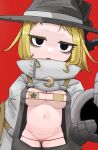  1girl 24-year-old_student @_@ bikini bikini_under_clothes black_eyes black_hat blonde_hair breasts commentary_request cookie_(touhou) cowboy_shot enpera eyepatch_bikini fang gogogo_(cookie) grey_jacket hat high_collar highres jacket kirisame_marisa looking_at_viewer medium_breasts navel open_mouth red_background revealing_clothes short_hair simple_background skin_fang solo swimsuit touhou witch_hat yellow_bikini 