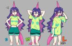  1girl :o arms_behind_head closed_eyes clothes_pull commentary commentary_request green_shirt green_shorts grey_background highres horns long_hair long_tail messy_hair midriff multiple_views navel oversized_clothes oversized_shirt purple_hair purple_horns purple_tail red_eyes shikido_(khf) shirt shirt_pull short_sleeves shorts simple_background single_horn squiggle syringe_holster tail tenkajin_chiyari touhou undersized_clothes upper_body very_long_hair 