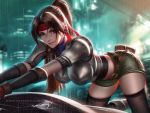  1girl armor belt black_legwear blurry blurry_background boobplate breastplate breasts brown_eyes brown_hair final_fantasy final_fantasy_vii final_fantasy_vii_remake gloves headband impossible_armor jessie_rasberry large_breasts liang_xing lips long_hair looking_at_viewer midriff night ponytail rain red_headband shorts shoulder_armor signature solo thighhighs 