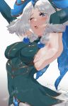  1girl absurdres armpits arms_up blue_eyes blush braid breasts covered_navel detached_sleeves fur-trimmed_sleeves fur_trim highres league_of_legends lillia_(league_of_legends) long_hair lost-phews medium_breasts open_mouth sideboob simple_background solo sweat tearing_up twin_braids white_background white_hair 