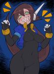  1girl absurdres aile_(mega_man_zx) arm_under_breasts black_bodysuit blue_background blue_jacket blush bodysuit bodysuit_under_clothes breasts brown_hair buzzlyears claw_pose commentary covered_collarbone covered_navel cropped_jacket glowing green_eyes grin highres jacket large_breasts long_hair looking_at_viewer mega_man_(series) mega_man_zx mega_man_zx_advent no_pants open_clothes open_jacket parted_lips ponytail robot_ears sharp_teeth simple_background smile solo teeth 