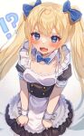  !? 1girl alternate_costume apron bandaid bandaid_on_cheek bandaid_on_face blonde_hair blue_bow blue_bowtie blue_eyes blue_ribbon blush bow bowtie breasts cleavage clothes_grab collarbone cowboy_shot dress duplicate embarrassed enmaided fang frilled_apron frilled_dress frills goddess_of_victory:_nikke hair_ribbon laplace_(nikke) long_hair looking_at_viewer maid maid_apron maid_headdress ribbon shimada_(smd_dms) skin_fang skirt skirt_hold small_breasts sweat twintails white_apron wrist_cuffs 