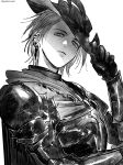  1girl androgynous armor ear_piercing earrings expressionless final_fantasy final_fantasy_xiv from_side gloves goldenriver8 greyscale hand_on_headwear hand_up hat jewelry looking_at_viewer monochrome multiple_piercings pauldrons piercing reaper_(final_fantasy) reverse_trap short_hair shoulder_armor simple_background sketch solo tricorne twitter_username upper_body white_background zero_(ff14) 