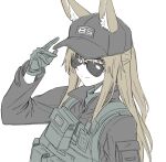  1girl animal_ears arknights arm_at_side arm_pouch baseball_cap black-framed_eyewear black_hat black_shirt brown_eyes brown_hair bulletproof_vest closed_mouth collared_shirt crooked_eyewear fox_ears fox_girl franka_(arknights) from_side gloves green_gloves half_updo hand_up hat highres kyoro_(kyoroillust) limited_palette long_sleeves looking_at_viewer one_side_up ponytail shirt sideways_glance simple_background smile solo sunglasses upper_body white_background 