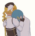  2girls black_gloves blonde_hair blue_hair brown_hat cape detached_sleeves drill_hair fingerless_gloves gloves hair_ornament hand_on_another&#039;s_neck hat holding hug long_hair magical_girl mahou_shoujo_madoka_magica mahou_shoujo_madoka_magica_(anime) miki_sayaka multiple_girls musical_note musical_note_hair_ornament nisroch111 shirt short_hair simple_background tomoe_mami upper_body white_background white_cape white_shirt 