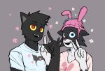  anthro arthur_(ghozt) biped black_body black_fur blue_eyes clothed clothing domestic_cat duo felid feline felis female fur ghozt hi_res lucy_(ghozt) male mammal open_mouth open_smile red_eyes simple_background smile 