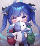  1girl @_@ ahoge animal_ears aqua_hair black_nails blue_eyes blue_hair blurry blush bow commentary_request covering_own_mouth crossed_bangs depth_of_field ears_down hair_bow heart heterochromia holding holding_stuffed_toy hood hoodie horse_ears horse_girl long_hair long_sleeves looking_up multicolored_clothes multicolored_hair multicolored_hoodie nail_polish purple_eyes sidelocks signature solo striped_bow stuffed_animal stuffed_rabbit stuffed_toy to_non_132109 twin_turbo_(umamusume) twintails two-tone_hair umamusume very_long_hair 