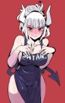  1girl apron arms_up bare_arms bare_hips bare_legs bare_shoulders bare_thighs black_apron black_tail blush bow_(bhp) breasts clothes_writing demon_girl demon_horns demon_tail full-face_blush hands_on_own_breasts helltaker horns huge_breasts large_breasts looking_at_viewer lucifer_(helltaker) medium_hair mole mole_under_eye monster_girl naked_apron no_bra no_legwear no_panties no_undershirt ponytail red_background red_eyes short_hair simple_background smile solo sweat sweatdrop tail thick_thighs thighs white_hair white_horns 