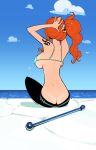  1girl adjusting_hair arm_tattoo ass back backboob bikini bikini_top_only black_pants blue_sky breasts butt_crack clima-tact cloud eromamgasemsei3 highres large_breasts nami_(one_piece) ocean one_piece orange_hair pants sitting sky solo striped_bikini striped_clothes swimsuit tan tanlines tattoo tying_hair water 