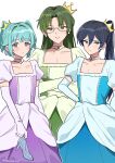  3girls aqua_hair black_hair blue_dress blue_eyes blue_gloves blush closed_mouth crown dress ensemble_stars! flat_chest genderswap genderswap_(mtf) glasses gloves green_dress green_eyes green_gloves green_hair hasumi_keito hidaka_hokuto high_ponytail highres kapuchino_kira long_hair mini_crown multiple_girls purple_dress purple_eyes purple_gloves twintails 