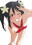  1girl bikini black_hair blush breasts collarbone commentary_request flower hair_between_eyes hair_flower hair_ornament highres leaning_forward looking_at_viewer love_live! love_live!_school_idol_project medium_hair nagi_mkrnpn one_eye_closed red_bikini red_eyes salute sidelocks small_breasts smile solo standing swimsuit twintails upper_body white_background yazawa_nico 
