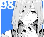  1girl blue_background blush go-toubun_no_hanayome greyscale hair_between_eyes hand_up haruba_negi haruba_negi_(style) headphones headphones_around_neck long_hair_between_eyes looking_at_viewer medium_hair monochrome nakano_miku official_art open_mouth parted_lips shirt smile solo teeth upper_teeth_only 