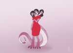 2022 3_heads anthro barefoot black_hair breasts clothing digital_media_(artwork) digitigrade dress european_mythology feet female greek_mythology green_eyes hair hydra multi_head mythology open_mouth pink_body pink_scales red_clothing red_dress scales scalie sepisnake simple_background smile solo standing tail