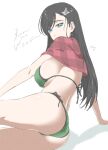  1girl ass bikini black_hair blue_eyes breasts burn_the_witch capelet commentary_request copyright_name from_behind green_bikini hair_ornament hairclip highres large_breasts long_hair looking_at_viewer looking_back mitsugu niihashi_noel plaid_capelet red_capelet sideboob solo swimsuit 