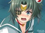  1girl bishoujo_senshi_sailor_moon blush breasts choker cleavage commentary_request cosplay crossover derivative_work eyepatch fang green_eyes green_hair green_sailor_collar green_serafuku hat heart heart_choker highres jewelry kantai_collection kiso_(kantai_collection) muzzuleflash open_mouth red_choker sailor_collar sailor_moon sailor_moon_(cosplay) sailor_moon_redraw_challenge school_uniform screencap_redraw serafuku shirt short_hair solo teeth white_shirt 