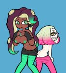  breasts cephalopod clothed clothing duo female hand_on_breast hi_res humanoid inkling krusha64612042 marina_(splatoon) marine mollusk nintendo nipples octarian octoling pearl_(splatoon) pulling_pants_down simple_background splatoon topless 