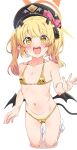  1girl absurdres bikini black_horns black_tail blonde_hair blue_archive blush bow collarbone demon_horns flat_chest gold_bikini halo hat highres horns ibuki_(blue_archive) long_hair looking_at_viewer okura-chan_(at_nya5) open_mouth peaked_cap pink_bow pointy_ears socks solo swimsuit tail white_socks yellow_eyes yellow_halo 
