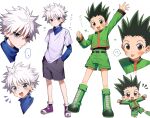  ... 2boys absurdres arm_up aruminsuko black_hair black_shorts blue_eyes boots brown_eyes character_name chibi clenched_hand closed_mouth gon_freecss green_footwear green_shorts hair_between_eyes hands_in_pockets heart highres hunter_x_hunter jacket killua_zoldyck layered_sleeves long_sleeves male_focus multiple_boys multiple_views open_mouth purple_footwear shirt shoes shorts simple_background spiked_hair spoken_ellipsis tongue tongue_out turtleneck white_background white_hair 