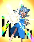  1girl big_bang_attack blue_bow blue_dress blue_eyes blue_hair bow bowtie breasts cirno clenched_hand collared_shirt commentary_request cookie_(touhou) dress feet_out_of_frame hair_between_eyes hair_bow highres ice ice_wings kurikinton_(cookie) long_bangs looking_at_viewer magic open_mouth pinafore_dress puffy_short_sleeves puffy_sleeves red_bow red_bowtie shirt short_hair short_sleeves sleeveless sleeveless_dress small_breasts smile solo standing teeth tirano_tenchou touhou upper_teeth_only v-shaped_eyebrows white_shirt wings yellow_background 