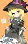  1boy black_hat black_jacket blonde_hair blush bow buttons closed_mouth commentary_request cookie_(touhou) cowboy_shot crossdressing curtsey genderswap genderswap_(ftm) hair_between_eyes hair_bow hat hat_bow highres jacket kirisame_marisa long_hair looking_at_viewer male_focus medium_bangs orange_background otoko_no_ko petticoat purple_bow rei_(cookie) simple_background solo spoken_squiggle squiggle tirano_tenchou touhou witch_hat 