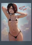  1girl absurdres armpits arms_behind_head arms_up ass_visible_through_thighs bikini black_bikini black_choker blue_sky breasts choker cloud collarbone covered_nipples cowboy_shot english_commentary godlem grey_eyes highres looking_at_viewer meme micro_bikini navel outdoors red_hair ribs ruby_rose rwby short_hair skindentation sky small_breasts solo stomach swimsuit twitter_strip_game_(meme) 