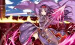 1girl armor belt blush chest_armor cloud commentary_request debris fire headband highres holding holding_sword holding_weapon kirisameaoto long_hair looking_at_viewer open_mouth purple_hair red_belt red_eyes red_headband shoulder_armor solo sword sword_art_online weapon yuuki_(sao) 