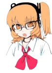  adachi_rei alternate_costume glasses hair_ribbon highres kikuosuki neck_ribbon open_mouth orange_hair ribbon shirt side_ponytail translation_request utau white_shirt 