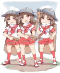  3girls :&lt; bandana brown_hair closed_mouth commentary_request crossbow grey_helmet helmet highres holding holding_crossbow holding_weapon multiple_girls neckerchief open_mouth original parted_bangs pleated_skirt red_eyes red_footwear red_neckerchief red_sailor_collar red_skirt red_socks sailor_collar school_uniform serafuku shirt shoes short_sleeves silver_bell skirt socks standing v-shaped_eyebrows weapon white_shirt 