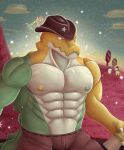  anthro bottomwear clothing cowboy_hat crocodile crocodilian crocodylid duckaphion glitch_productions green_body gummigoo_(tadc) hat headgear headwear hi_res male muscular muscular_male nipples pants pecs reptile scalie solo the_amazing_digital_circus yellow_body 