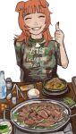  1girl animal_collar animal_ears black_nails borrowed_clothes bowl camouflage camouflage_shirt closed_eyes collar commentary_request dog_ears dog_girl ear_piercing english_text facing_viewer fangs fingernails food food_on_face food_request green_collar grin hand_up highres long_hair mitsu_(hitsujigoods) mossacannibalis orange_hair original piercing rice sharp_fingernails shirt short_sleeves simple_background smile solo t-shirt table thumbs_up upper_body white_background 