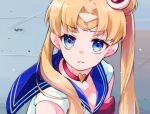  1girl bishoujo_senshi_sailor_moon blonde_hair blue_eyes blue_sailor_collar breasts choker cleavage collarbone crescent crescent_earrings derivative_work earrings eyebrows_visible_through_hair hair_bun heart heart_choker jewelry long_hair red_choker sailor_collar sailor_moon sailor_moon_redraw_challenge sailor_senshi sailor_senshi_uniform screencap_redraw solo sweatdrop tsukino_usagi twintails upper_body usagi_(cecilia) 