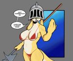  6:5 absurd_res anthro bikini biped breasts canid canine canis cleavage clothed clothing dialogue domestic_dog female fur ghozt hi_res holding_object holding_weapon mammal navel solo speech_bubble swimwear tail weapon yellow_body yellow_fur 