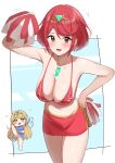  absurdres bikini bikini_top_only blonde_hair blue_skirt breasts chibi chibi_inset cleavage flying_sweatdrops highres large_breasts leg_up long_hair looking_at_viewer mythra_(xenoblade) oruru63100814 pom_pom_(cheerleading) pyra_(xenoblade) red_bikini red_eyes red_hair red_skirt short_hair skirt smile swimsuit xenoblade_chronicles_(series) xenoblade_chronicles_2 