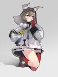  1girl absurdres animal_ear_fluff animal_ears arknights black_hood blush brown_hair caper_(arknights) commentary_request ears_through_headwear ears_through_hood gloves grey_background grin hair_between_eyes highres hood hood_up id_card looking_at_viewer pom_pom_(clothes) rabbit_ears rabbit_girl red_eyes red_gloves red_socks red_thighhighs ribbed_socks ribbed_thighhighs short_hair simple_background single_sock single_thighhigh smile socks solo thighhighs thighs xuxinqi 