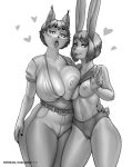 &lt;3 abbie_(chelodoy) anthro big_breasts breast_squish breasts camel_toe chelodoy felid feline female female/female hi_res kara_(chelodoy) lagomorph leporid looking_at_viewer mammal monochrome nipples open_mouth rabbit squish tongue tongue_out 