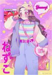  1girl bag bandaid bandaid_on_face baseball_cap belt black_hair cloud cloudy_sky commentary denim eyebrows food fruit hair_ornament hairclip hat heart_belt highres instagram_username jacket jeans kamado_nezuko kimetsu_no_yaiba long_hair neon_palette no_bangs open_clothes open_jacket pants pink_bag pink_belt purple_hair risuko.exe shirt shoulder_bag sky solo strawberry striped striped_shirt sweater translated turtleneck turtleneck_sweater vaporwave very_long_hair wagashi window_(computing) 