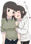  2girls arm_hug bernard-jou_iwaku. black_eyes black_hair blush cardigan closed_eyes hood hoodie kanbayashi_shiori long_hair machida_sawako meis_(terameisu) multiple_girls short_hair sweatdrop translated watch white_background wristwatch yuri 