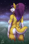  anthro back_boob big_butt biped breasts butt canid canine canis detailed_background digital_media_(artwork) digital_painting_(artwork) domestic_dog duo female fluffy fluffy_tail forest fur gravewalker hair hi_res husky larger_female macro male male/female mammal micro night nipples nordic_sled_dog nude outside purple_hair rear_view sitting_on_shoulder size_difference smaller_male spitz tree yellow_body yellow_fur 