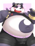  2020 alp_(tas) anthro bake_gosut belly blush bulge clothed clothing cute_fangs eyes_closed fur giant_panda hat headgear headwear hi_res humanoid_hands kemono male mammal moobs navel nipples open_shirt overweight overweight_male purple_body purple_fur shirt simple_background solo tokyo_afterschool_summoners topwear underwear ursid video_games white_body white_fur 