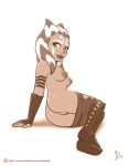  ahsoka_tano alien alien_humanoid boots breasts butt clothed clothing female footwear full-length_portrait genitals head_tails humanoid joe_randel monochrome nipples not_furry pants_down partially_clothed portrait presenting presenting_pussy pussy simple_background solo star_wars text togruta topless url white_background 