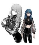  1girl alternate_costume black_pants black_shirt blue_eyes blue_hair breast_hold breasts byleth_(fire_emblem) byleth_(fire_emblem)_(female) closed_mouth clovisxvii commentary contrapposto cowboy_shot crop_top expressionless fire_emblem fire_emblem:_three_houses greyscale hair_between_eyes highres large_breasts leather leather_pants lips long_hair long_sleeves looking_at_viewer midriff monochrome multiple_views navel o-ring o-ring_top pants partially_colored see-through_sleeves shiny shiny_clothes shirt simple_background strap sweatdrop turtleneck white_background 