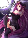  1girl absurdres black_dress black_footwear boots breasts collar collarbone detached_sleeves dress facial_mark fate/grand_order fate/stay_night fate_(series) forehead_mark high_heel_boots high_heels highres large_breasts long_hair nameless_dagger purple_eyes purple_hair rider short_dress solo square_pupils thigh_boots thighhighs very_long_hair vilde_loh_hocen 