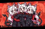  3girls animal_ears armband black_gloves black_neckwear black_pants black_shorts black_tail black_vest breasts cerberus_(helltaker) collared_shirt demon_girl demon_tail dog_ears eyebrows_visible_through_hair fang fangs formal gloves hands_on_hips hands_up helltaker huge_breasts large_breasts long_hair long_sleeves looking_at_viewer matching_outfit monster_girl multiple_girls necktie neckwear open_eyes open_mouth pants red_eyes red_shirt setter_(seven_stars) shirt shorts siblings sisters smile smirk suit tail triplets twins v vest white_hair 