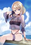  1girl azur_lane bangs bare_shoulders beach blonde_hair blue_eyes blush breasts cleavage commentary eyebrows_visible_through_hair hair_between_eyes highres iron_cross john_manjirou_(love-love-happy21) looking_at_viewer medium_breasts open_mouth short_hair smile solo swimsuit z23_(azur_lane) z23_(two-man_cell_match!)_(azur_lane) 