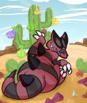  3_fingers 3_toes ambiguous_gender back_spikes badsheep biped cactus claws crocodilian desert digitigrade feral fingers hi_res krookodile nintendo pok&eacute;ball pok&eacute;mon pok&eacute;mon_(species) reptile rock sand scalie sitting smile solo teeth thick_tail toes video_games 