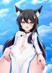  1girl :d animal_ear_fluff animal_ears bangs black_hair blue_sky blush breasts brown_eyes center_opening china_dress chinese_clothes chrisandita cloud cloudy_sky commentary covered_nipples day dress eyebrows_visible_through_hair fang fox_ears fox_hair_ornament from_below groin hair_between_eyes long_sleeves looking_at_viewer looking_down navel open_mouth original outdoors sky small_breasts smile solo white_dress 