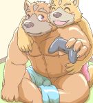  2020 anthro barely_visible_genitalia barely_visible_penis belly blush brown_body brown_fur canid canine clothing controller duo fur game_controller genitals hug hugging_from_behind humanoid_hands kemono male mammal misterdonn penis sitting slightly_chubby underwear 
