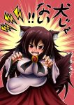  1girl animal_ear_fluff animal_ears arms_up breasts brooch brown_hair claw_pose cowboy_shot dress emphasis_lines fingernails furrowed_eyebrows hair_between_eyes hidefu_kitayan imaizumi_kagerou jewelry large_breasts layered_dress leaning_to_the_side long_hair long_sleeves looking_at_viewer open_mouth red_background red_eyes red_nails sharp_fingernails shawl solo standing tail touhou two-tone_background upper_teeth very_long_hair wolf_ears wolf_tail yellow_background 
