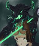  ambiguous_gender bioluminescence brown_body claws demon digitigrade dota glowing harbinger_the_outworld_devourer open_mouth scales solo staff taur text url v-mordecai video_games 